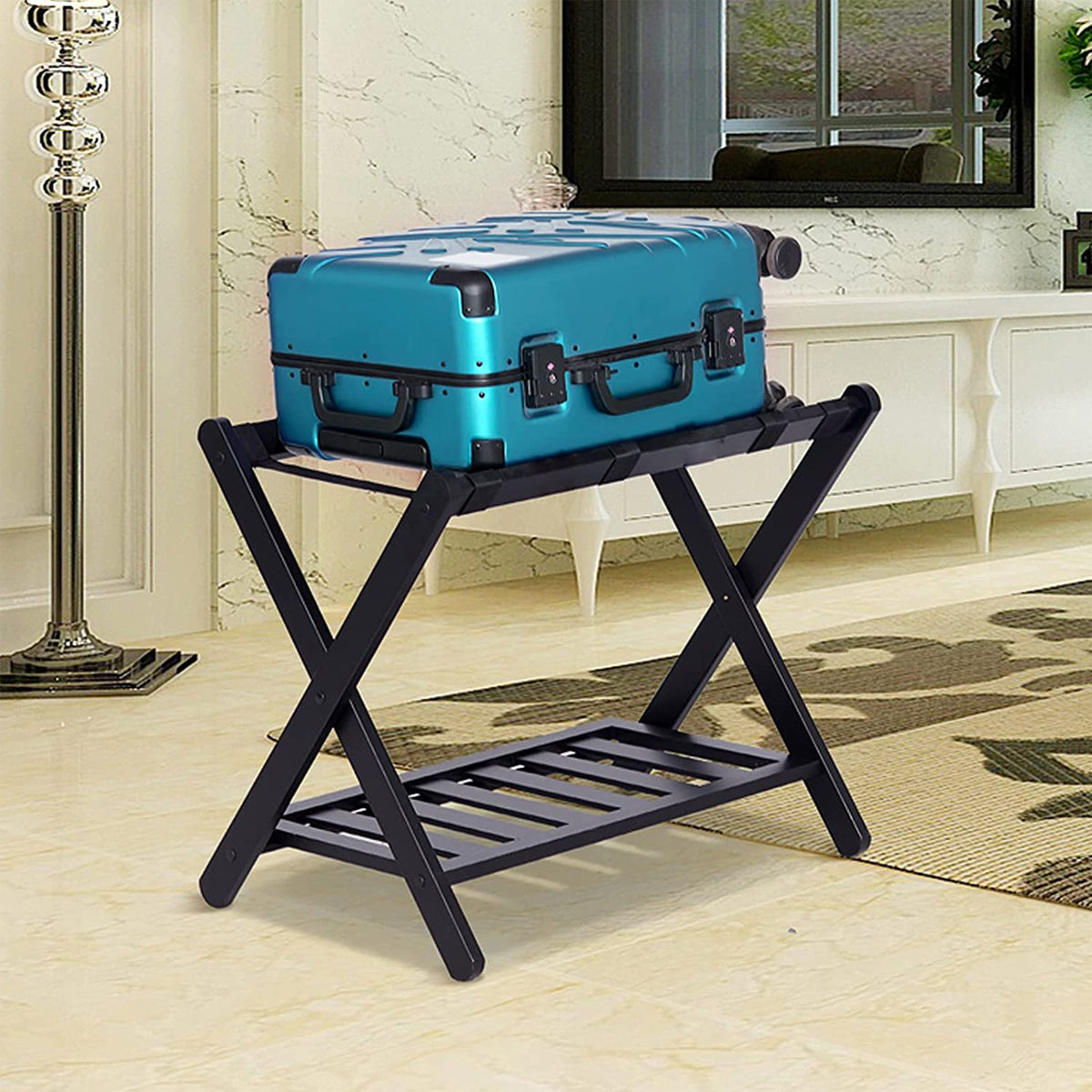 Hotel Foldable Bamboo Luggage Rack with Shoe Shelf Black