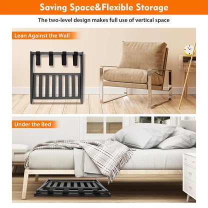 Hotel Foldable Bamboo Luggage Rack with Shoe Shelf Black