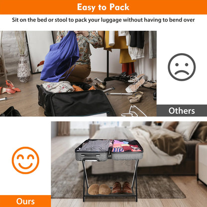 Hotel Foldable Bamboo Luggage Rack with Shoe Shelf Black