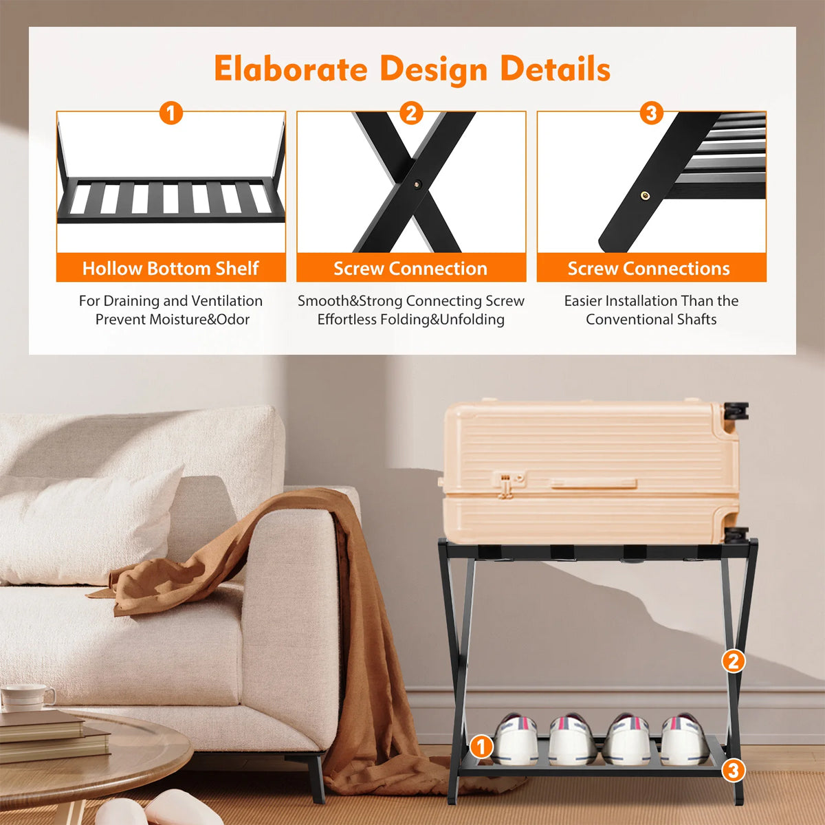 Hotel Foldable Bamboo Luggage Rack with Shoe Shelf Black