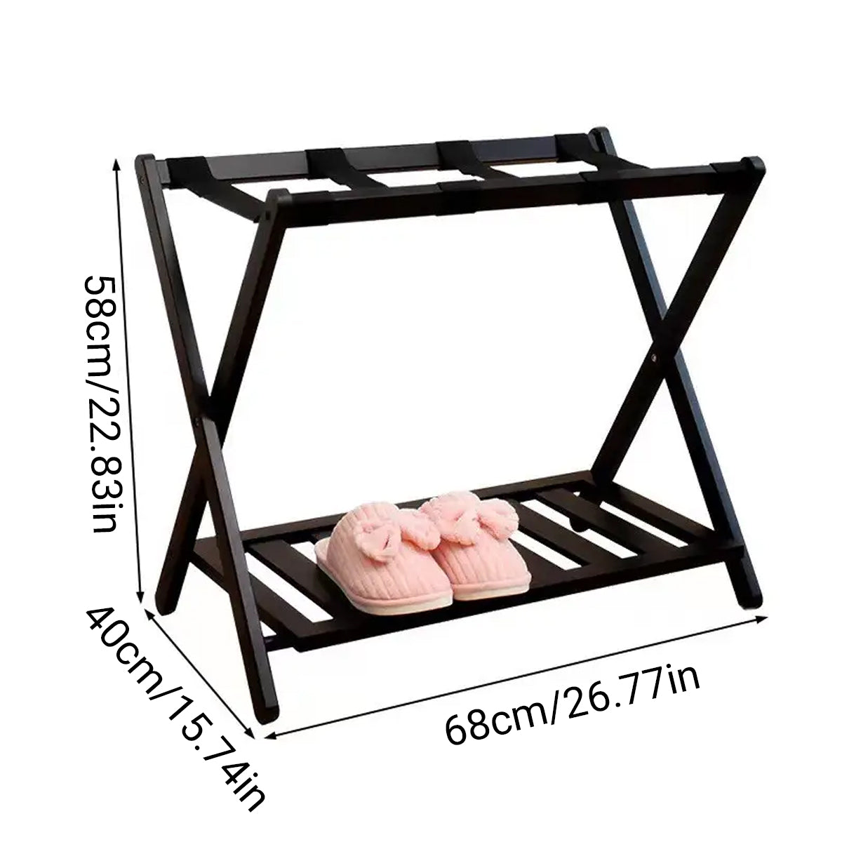 Hotel Foldable Bamboo Luggage Rack with Shoe Shelf Black