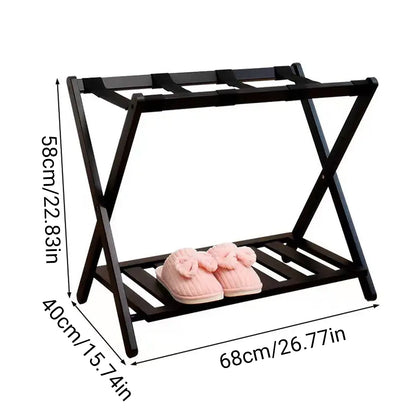 Hotel Foldable Bamboo Luggage Rack with Shoe Shelf Black