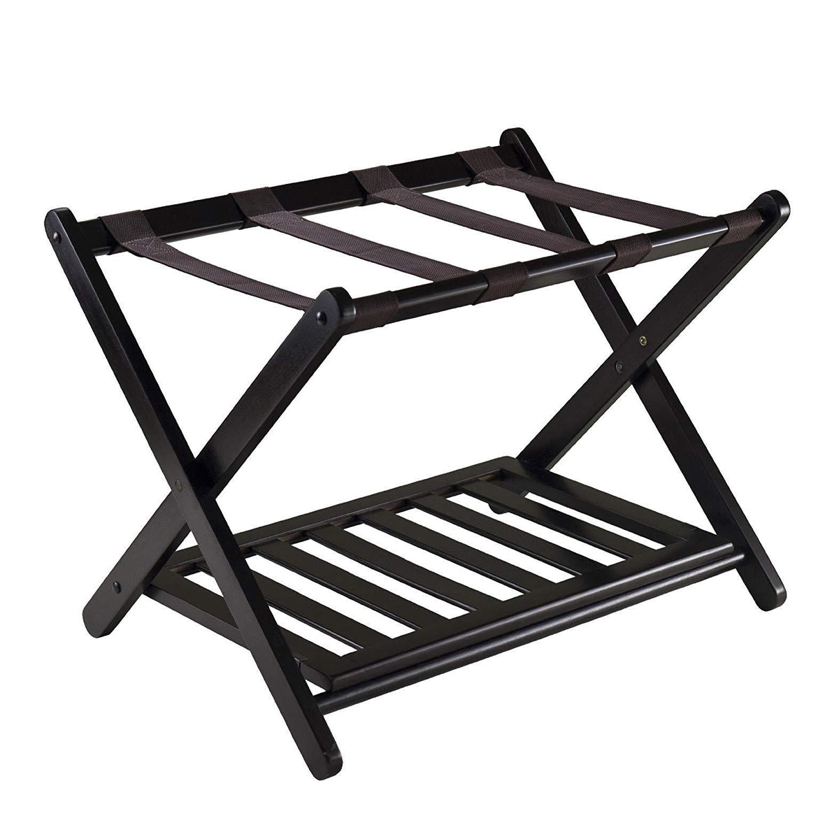 Hotel Foldable Bamboo Luggage Rack with Shoe Shelf Black