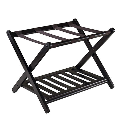 Hotel Foldable Bamboo Luggage Rack with Shoe Shelf Black