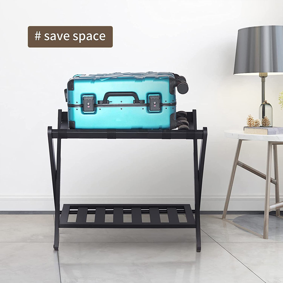 Hotel Foldable Bamboo Luggage Rack with Shoe Shelf Black