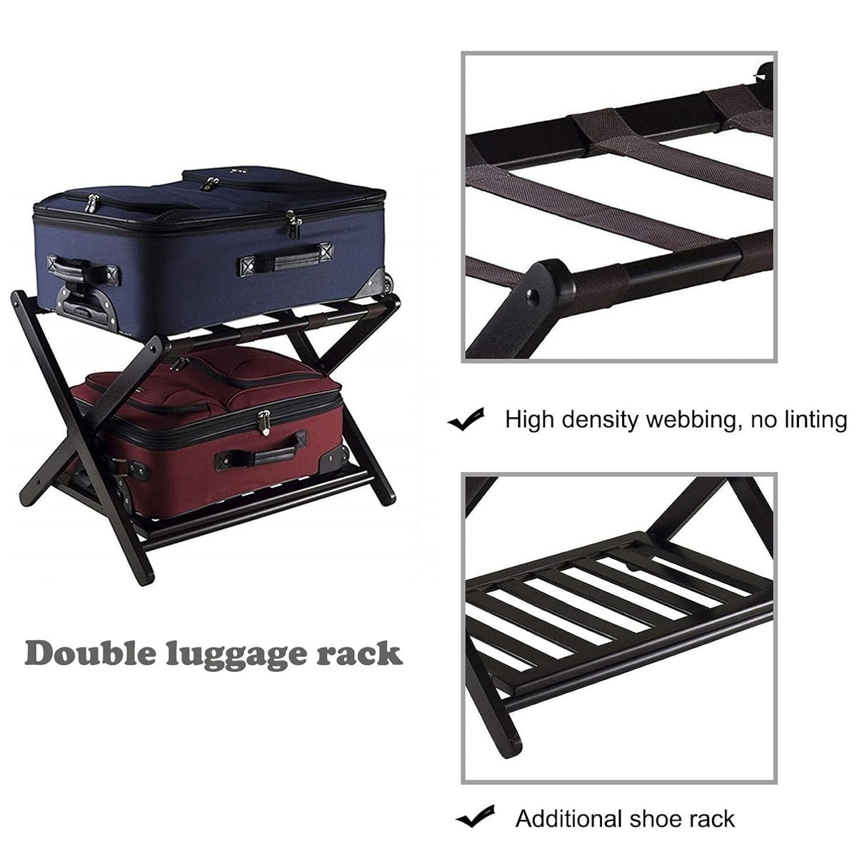 Hotel Foldable Bamboo Luggage Rack with Shoe Shelf Black