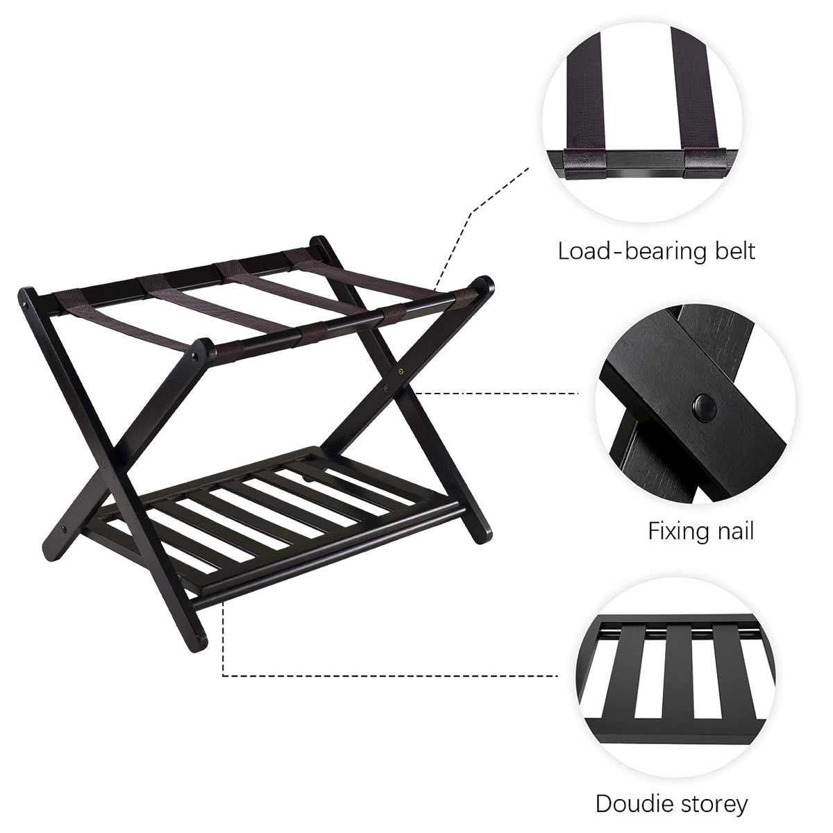 Hotel Foldable Bamboo Luggage Rack with Shoe Shelf Black