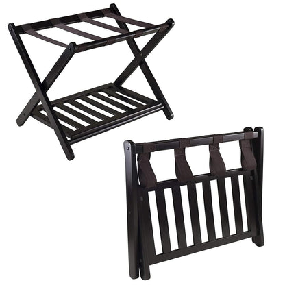 Hotel Foldable Bamboo Luggage Rack with Shoe Shelf Black