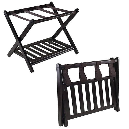 Hotel Foldable Bamboo Luggage Rack with Shoe Shelf Black