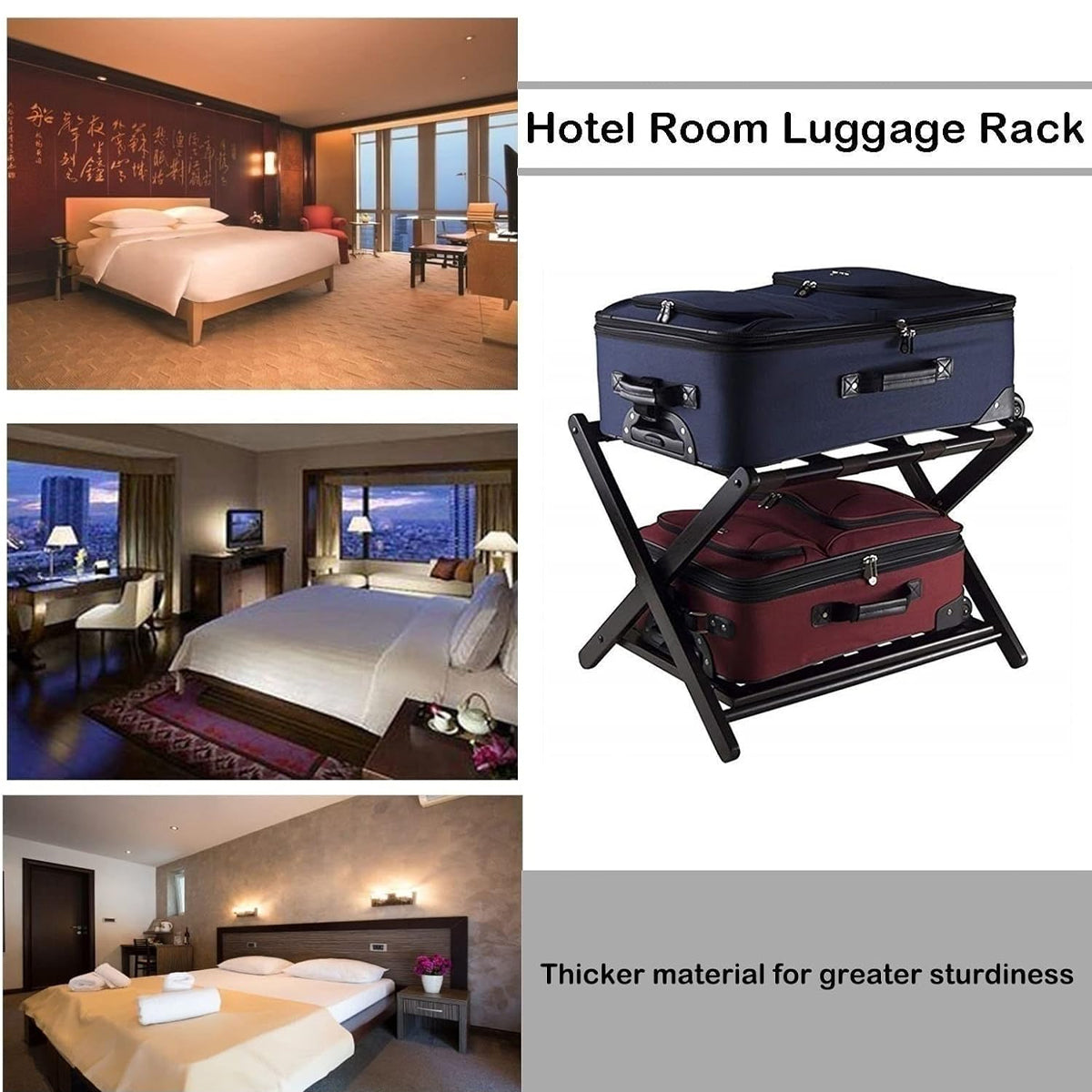 Hotel Foldable Bamboo Luggage Rack with Shoe Shelf Black