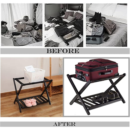 Hotel Foldable Bamboo Luggage Rack with Shoe Shelf Black