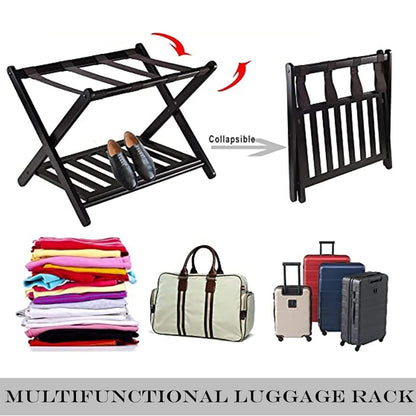 Hotel Foldable Bamboo Luggage Rack with Shoe Shelf Black