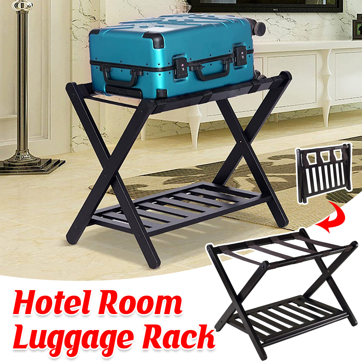 Hotel Foldable Bamboo Luggage Rack with Shoe Shelf Black