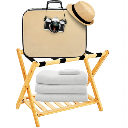 Foldable Bamboo Luggage Rack with Straps for Guest Rooms