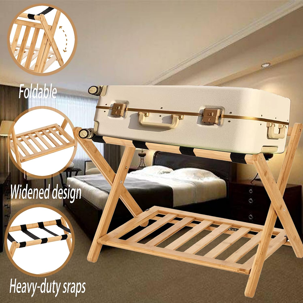 Foldable Bamboo Luggage Rack with Straps for Guest Rooms