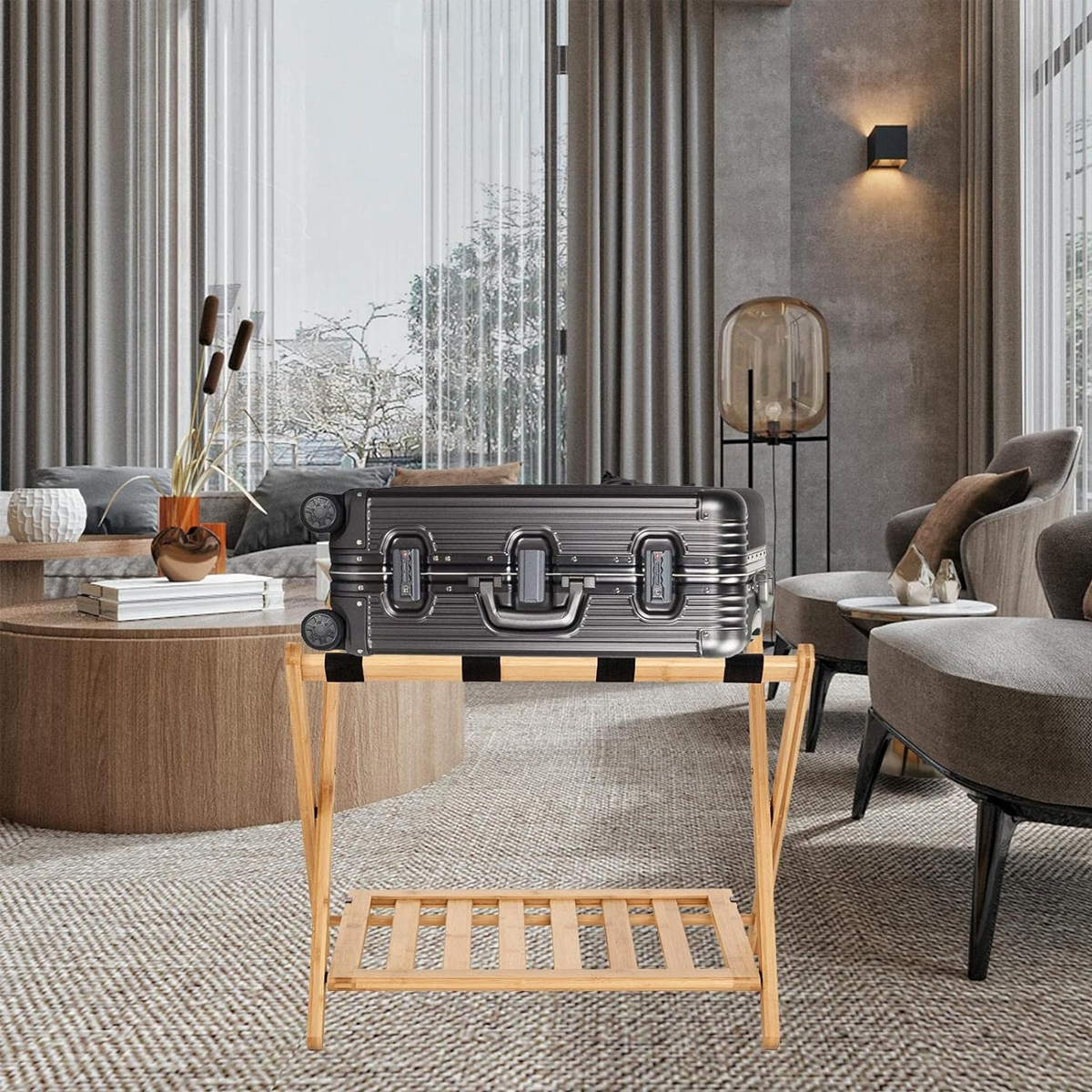 Foldable Bamboo Luggage Rack with Straps for Guest Rooms