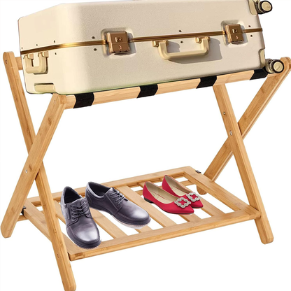 Foldable Bamboo Luggage Rack with Straps for Guest Rooms