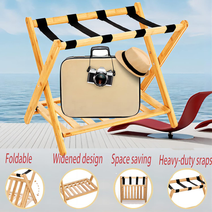 Foldable Bamboo Luggage Rack with Straps for Guest Rooms