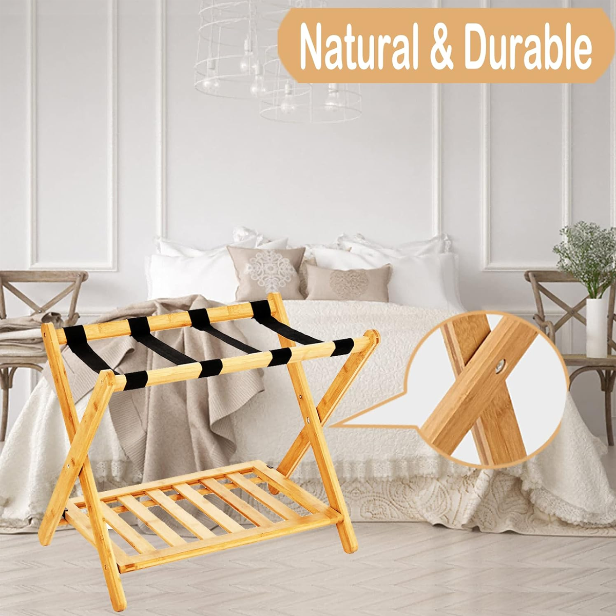 Foldable Bamboo Luggage Rack with Straps for Guest Rooms