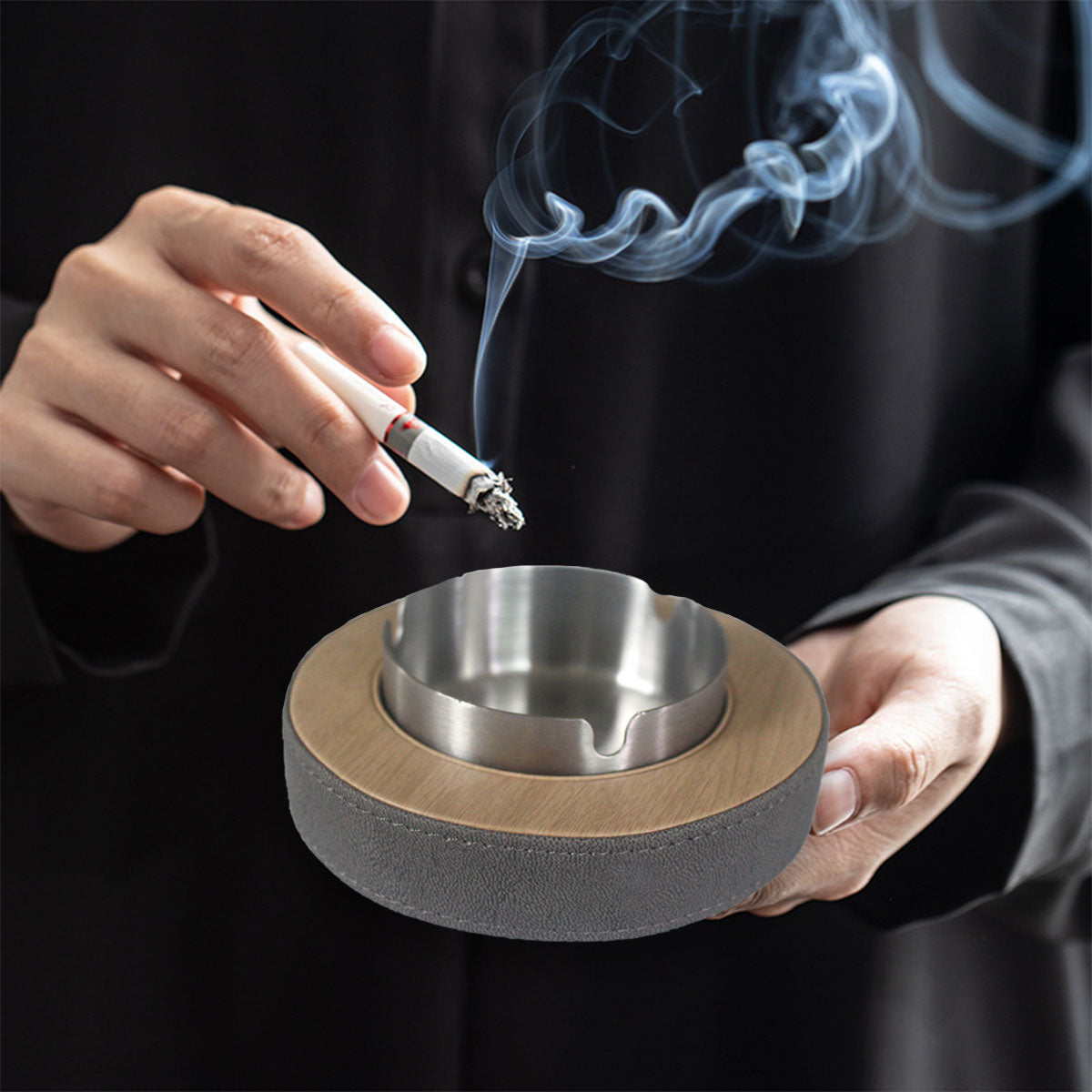 Leather Tissue Box Holder with Stainless Steel Ashtray for Hotel & Home Use