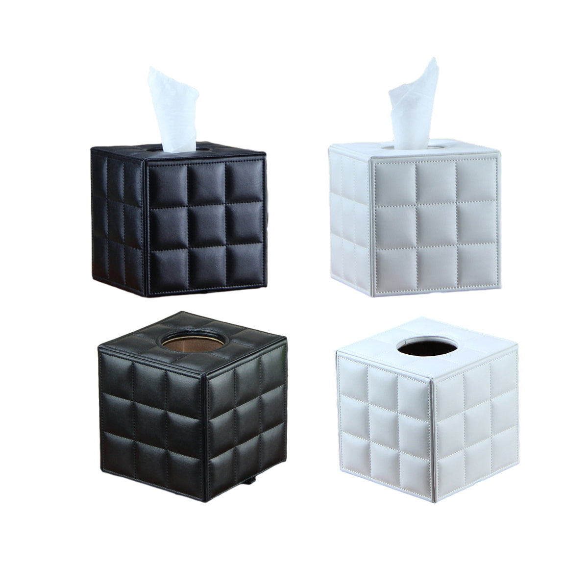 PU Leather Square Tissue Box with Quilted Design Black White