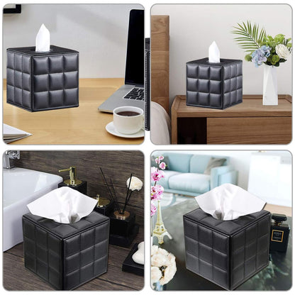 PU Leather Square Tissue Box with Quilted Design Black White