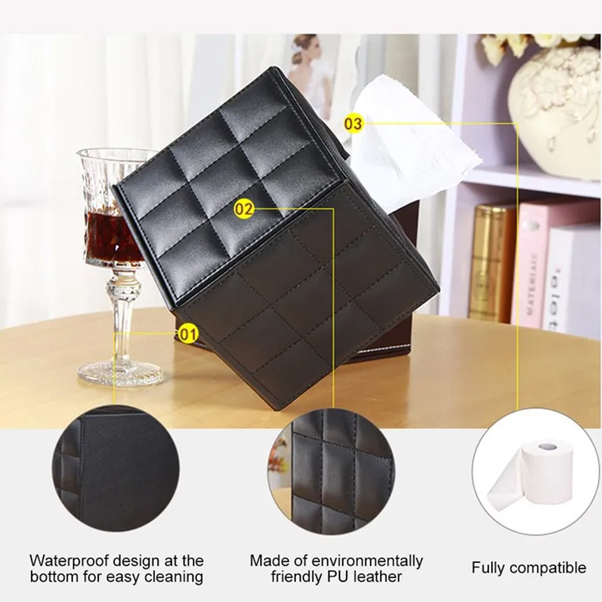 PU Leather Square Tissue Box with Quilted Design Black White