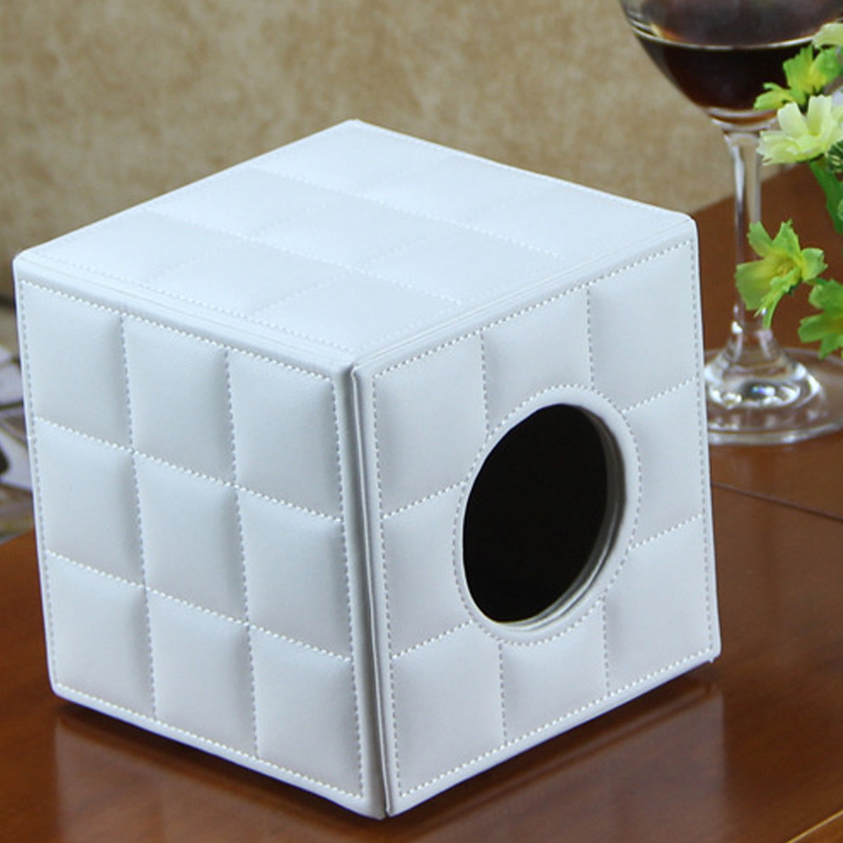 PU Leather Square Tissue Box with Quilted Design Black White