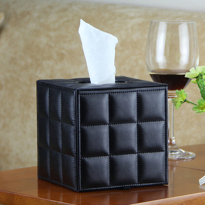 PU Leather Square Tissue Box with Quilted Design Black White