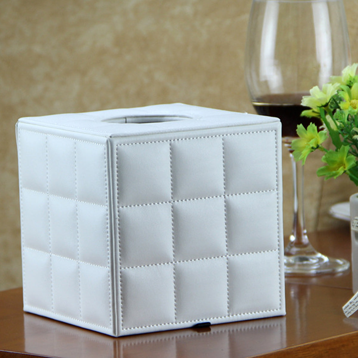 PU Leather Square Tissue Box with Quilted Design Black White