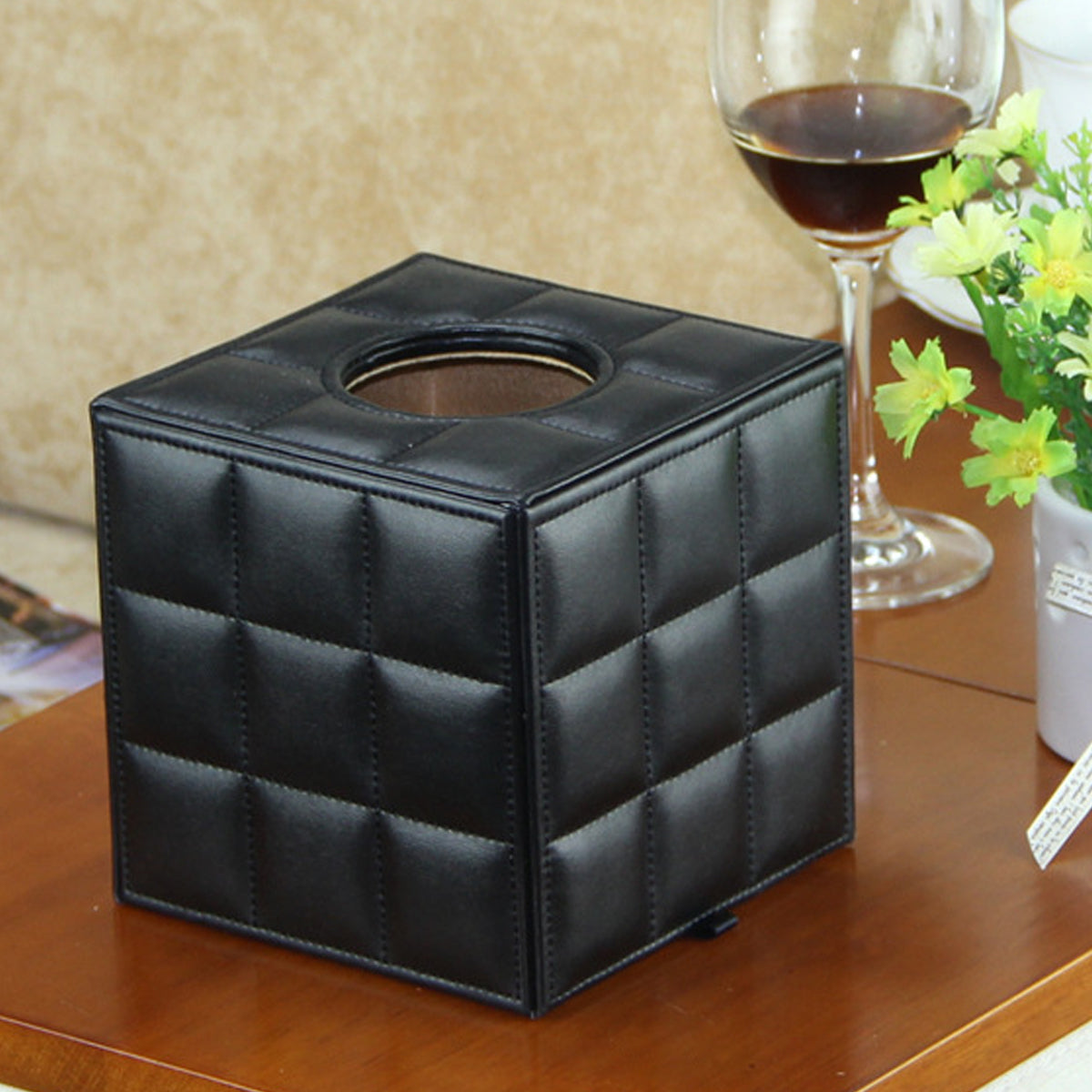 PU Leather Square Tissue Box with Quilted Design Black White
