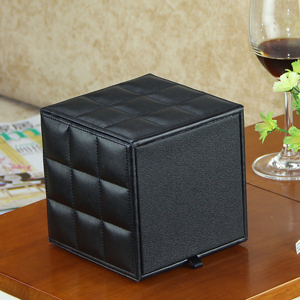 PU Leather Square Tissue Box with Quilted Design Black White