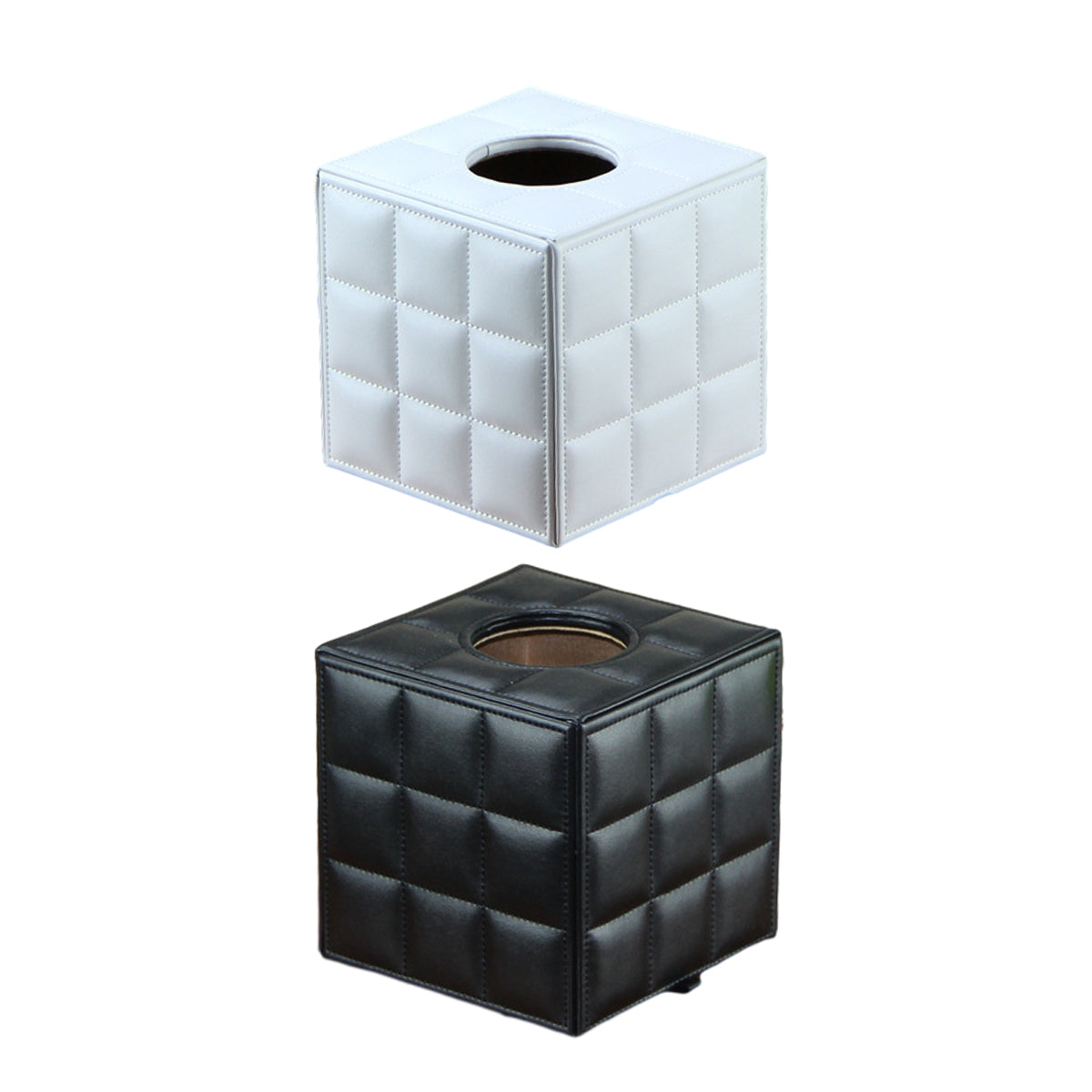PU Leather Square Tissue Box with Quilted Design Black White