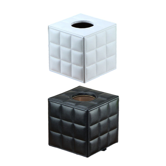 PU Leather Square Tissue Box with Quilted Design Black White