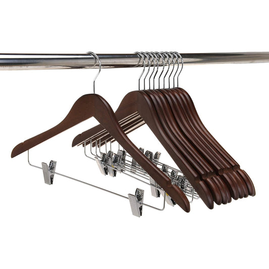 10PCS Solid Wood Coat Hangers with Thickened Non Slip Clips