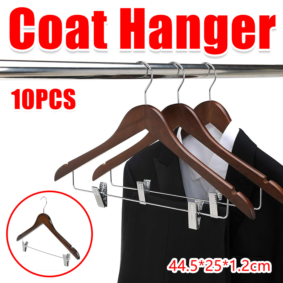10PCS Solid Wood Coat Hangers with Thickened Non Slip Clips