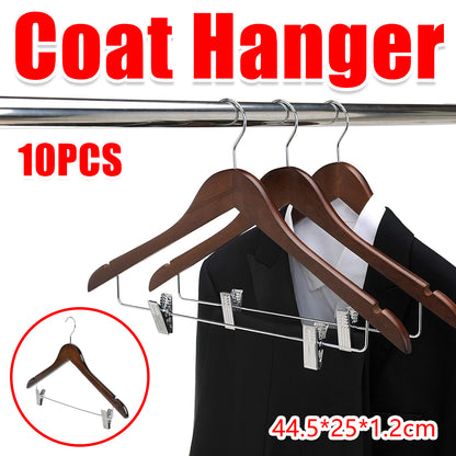 10PCS Solid Wood Coat Hangers with Thickened Non Slip Clips