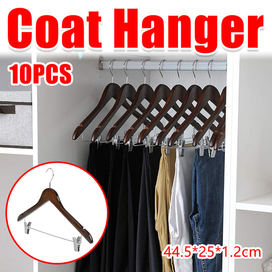 10PCS Solid Wood Coat Hangers with Thickened Non Slip Clips